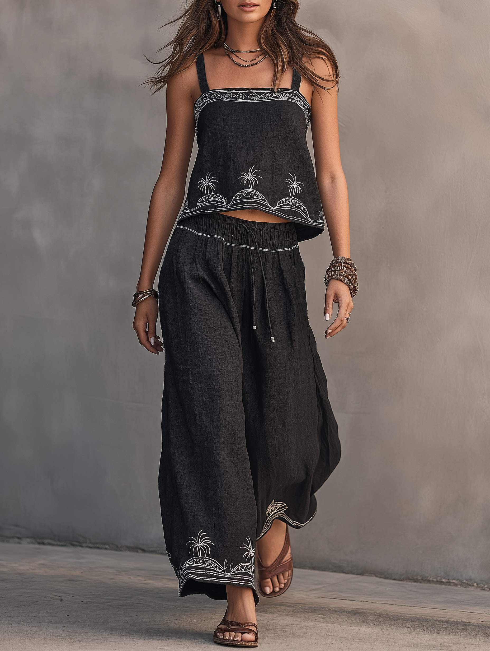 Linen Embroidered Tank Top & Wide-Leg Set