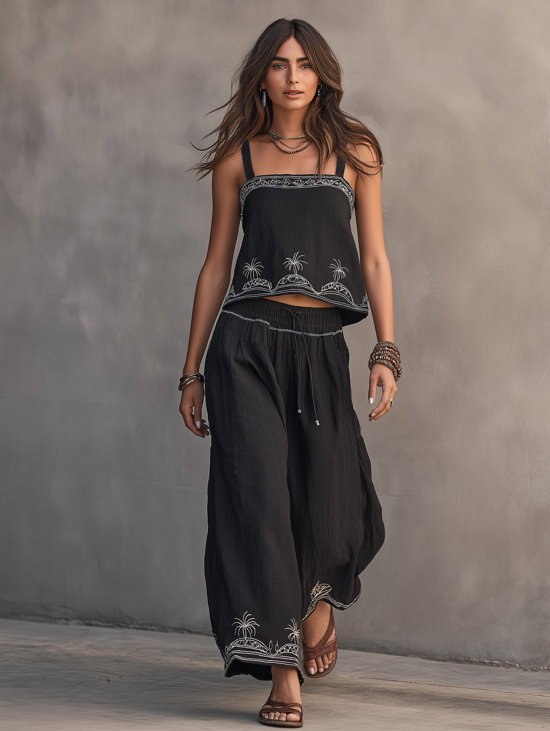 Linen Embroidered Tank Top & Wide-Leg Set