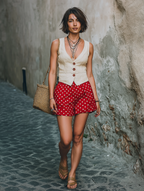 Linen V-Neck Vest & Polka-Dot Shorts Set