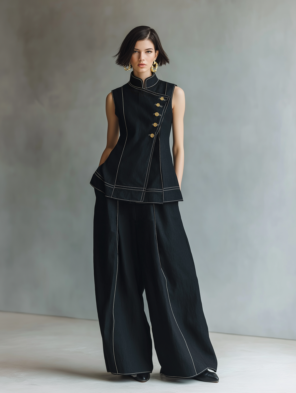 Linen Asymmetrical Sleeveless Shirt & Wide-Leg Set