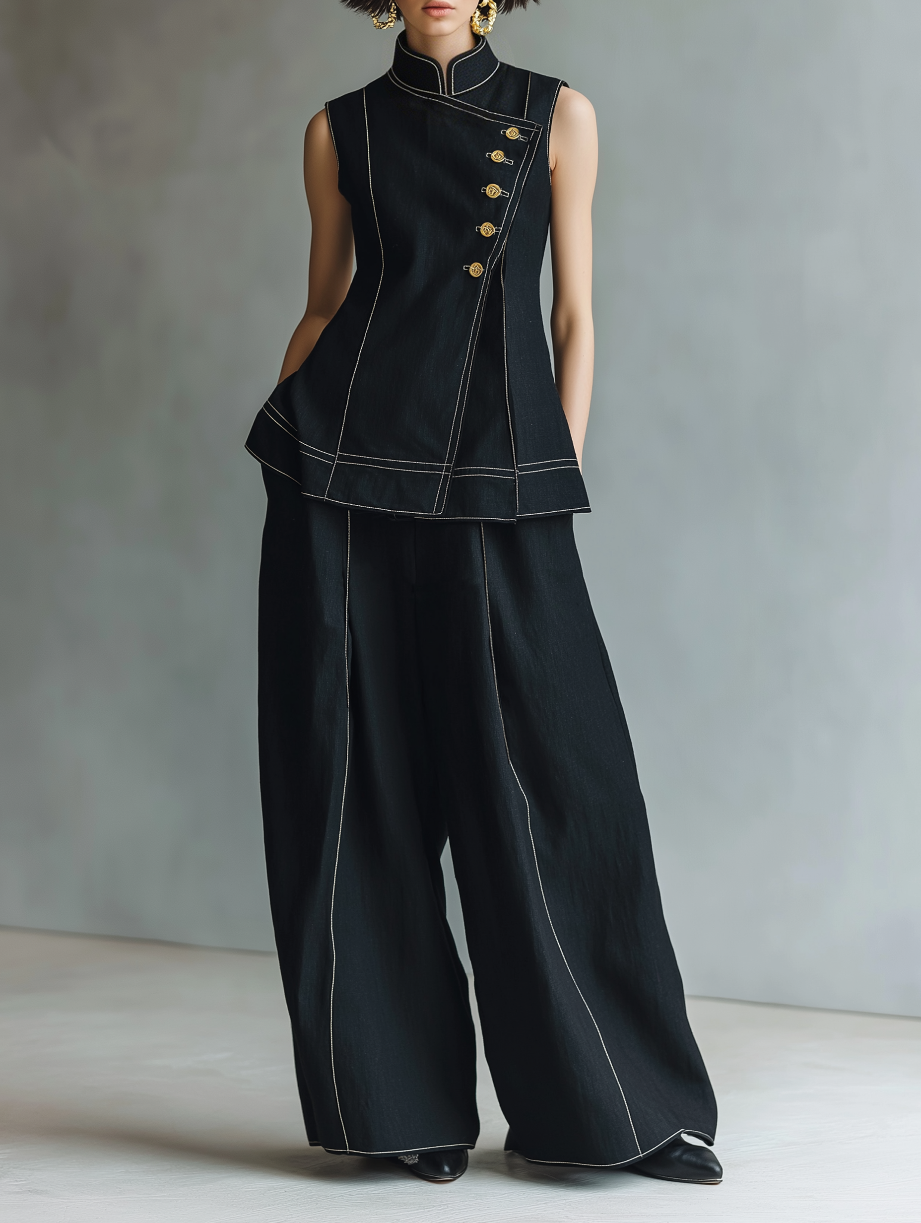 Linen Asymmetrical Sleeveless Shirt & Wide-Leg Set