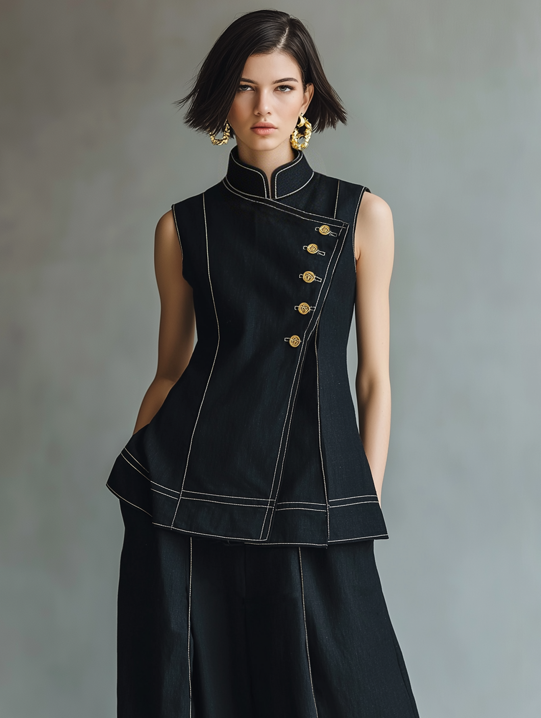 Linen Asymmetrical Sleeveless Shirt & Wide-Leg Set