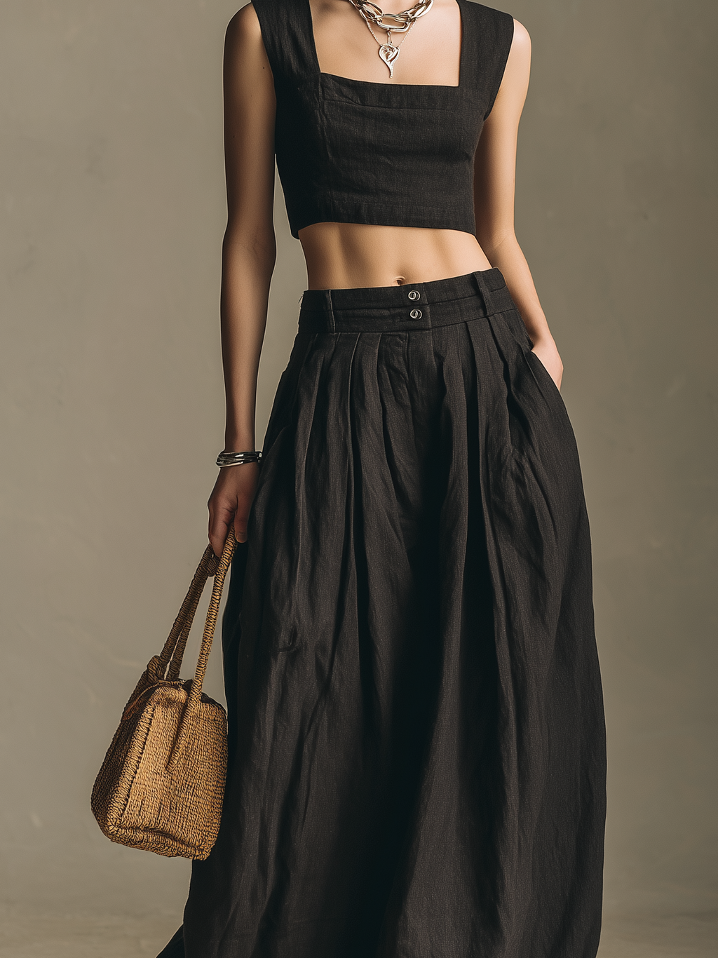 Women's Casual Black Cotton-Linen Square-Neck Sleeveless Top And Long Skirt Set MDZ0831D3LXY