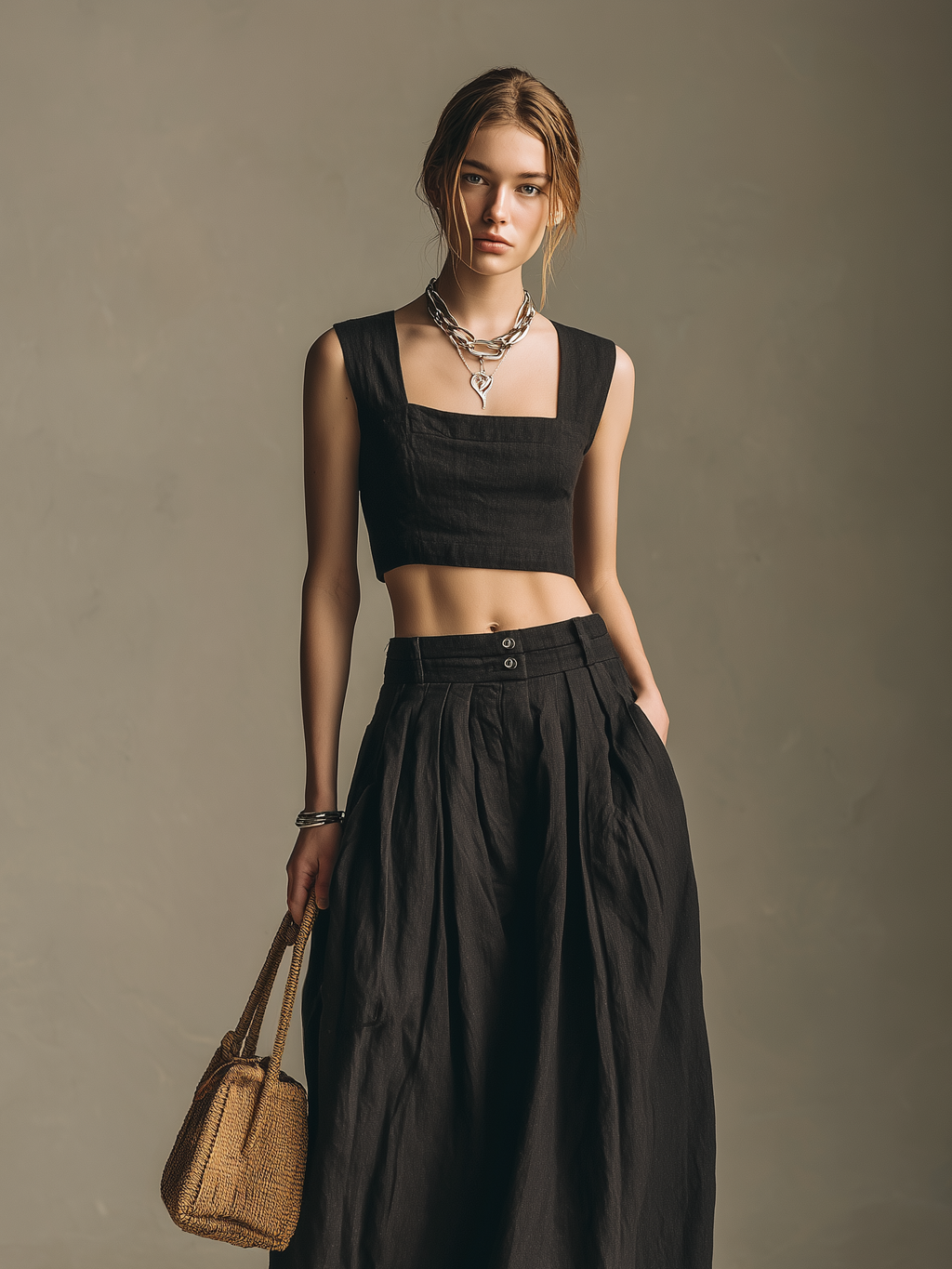 Women's Casual Black Cotton-Linen Square-Neck Sleeveless Top And Long Skirt Set MDZ0831D3LXY