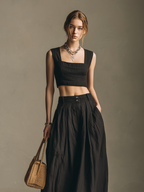 Women's Casual Black Cotton-Linen Square-Neck Sleeveless Top And Long Skirt Set MDZ0831D3LXY