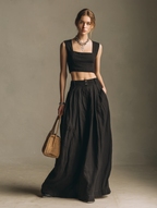 Women's Casual Black Cotton-Linen Square-Neck Sleeveless Top And Long Skirt Set MDZ0831D3LXY