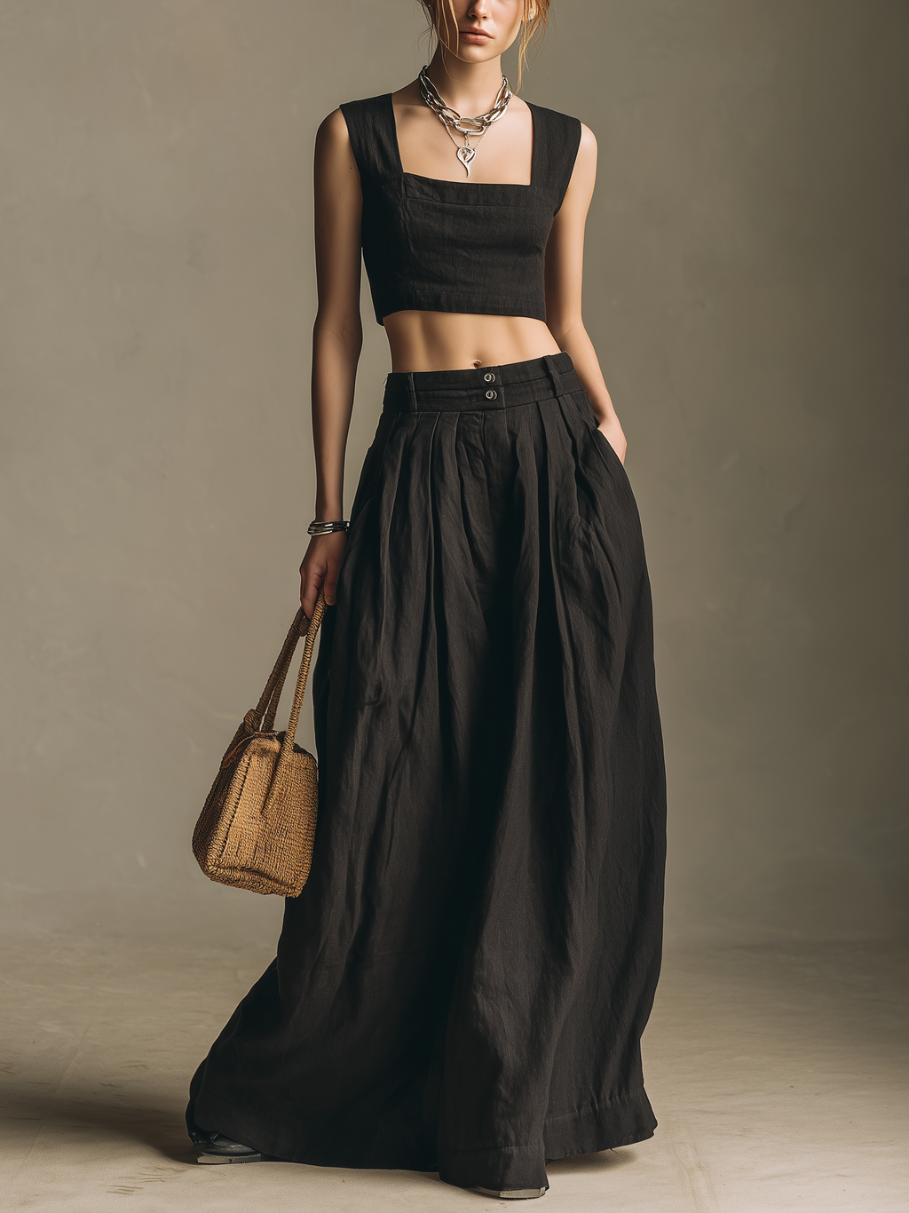 Women's Casual Black Cotton-Linen Square-Neck Sleeveless Top And Long Skirt Set MDZ0831D3LXY