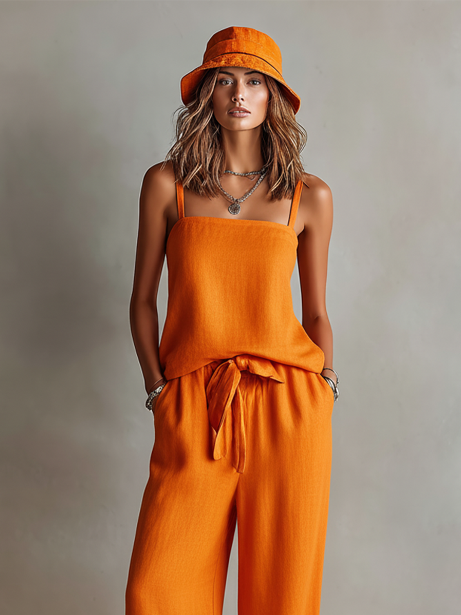 Orange Linen Square Neck Cami & Wide-Leg Set