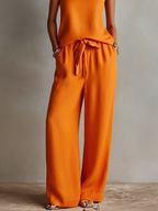 Orange Linen Square Neck Cami & Wide-Leg Set
