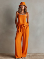 Orange Linen Square Neck Cami & Wide-Leg Set