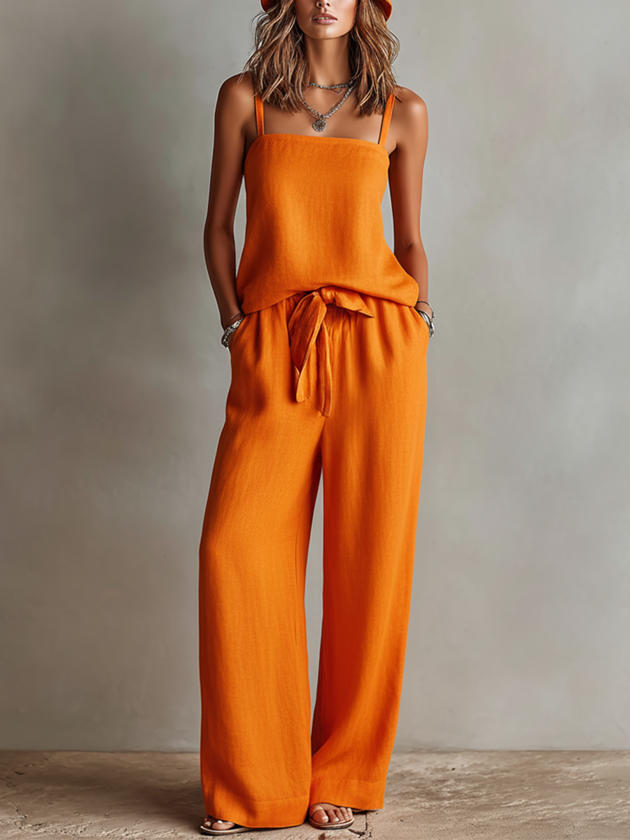 Orange Linen Square Neck Cami & Wide-Leg Set