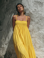 Women's Bright Yellow Cotton Maxi Dress With Spaghetti Straps & Smocked Tiered Design, Timeless Boho-Resort Style Dress MDZ0892D3I