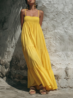 Women's Bright Yellow Cotton Maxi Dress With Spaghetti Straps & Smocked Tiered Design, Timeless Boho-Resort Style Dress MDZ0892D3I