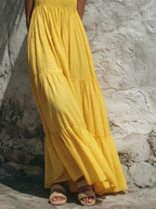 Women's Bright Yellow Cotton Maxi Dress With Spaghetti Straps & Smocked Tiered Design, Timeless Boho-Resort Style Dress MDZ0892D3I