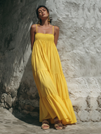 Women's Bright Yellow Cotton Maxi Dress With Spaghetti Straps & Smocked Tiered Design, Timeless Boho-Resort Style Dress MDZ0892D3I