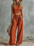 Women's Rust Orange Linen Two-Piece Set With Sleeveless Crop Top & Tie-Waist Wide-Leg Pants, Timeless Boho-Resort Style Set MDZ0892D1I
