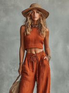 Women's Rust Orange Linen Two-Piece Set With Sleeveless Crop Top & Tie-Waist Wide-Leg Pants, Timeless Boho-Resort Style Set MDZ0892D1I