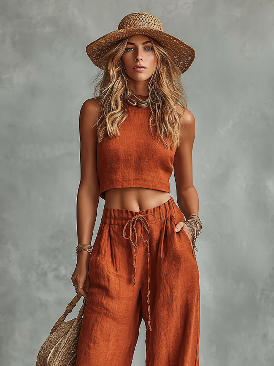 Women's Rust Orange Linen Two-Piece Set With Sleeveless Crop Top & Tie-Waist Wide-Leg Pants, Timeless Boho-Resort Style Set MDZ0892D1I
