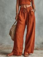 Women's Rust Orange Linen Two-Piece Set With Sleeveless Crop Top & Tie-Waist Wide-Leg Pants, Timeless Boho-Resort Style Set MDZ0892D1I