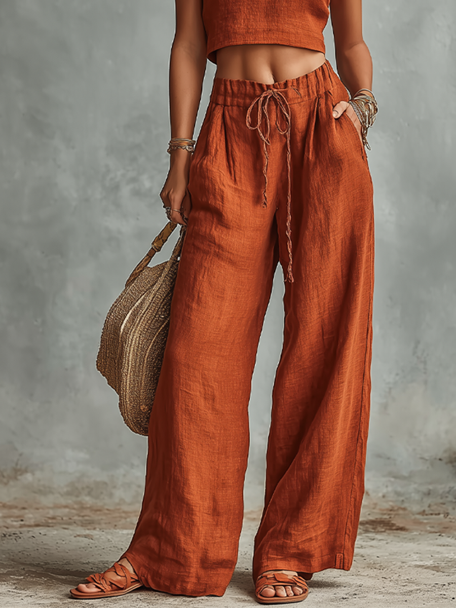 Women's Rust Orange Linen Two-Piece Set With Sleeveless Crop Top & Tie-Waist Wide-Leg Pants, Timeless Boho-Resort Style Set MDZ0892D1I