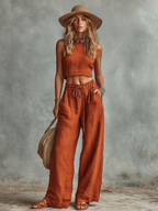 Women's Rust Orange Linen Two-Piece Set With Sleeveless Crop Top & Tie-Waist Wide-Leg Pants, Timeless Boho-Resort Style Set MDZ0892D1I