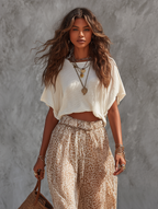 T-Shirt & Leopard Print Chiffon Straight-Leg Pants Set