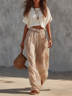 T-Shirt & Leopard Print Chiffon Straight-Leg Pants Set