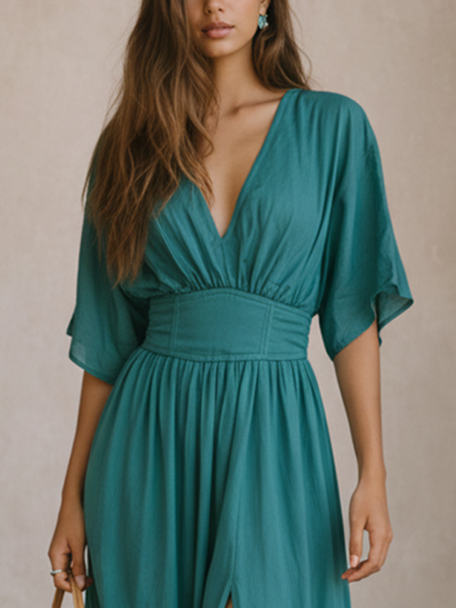 Women's Resort Style Blue-Green Cotton Blend Short-Sleeved Fitted Waist Slit Maxi Dress MDZ0945D7GMJ