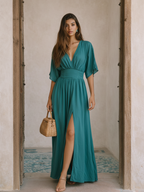 Women's Resort Style Blue-Green Cotton Blend Short-Sleeved Fitted Waist Slit Maxi Dress MDZ0945D7GMJ