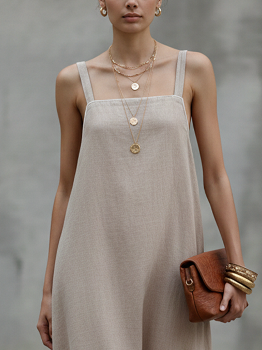 Khaki Linen Spaghetti Strap Embroidered Long Dress