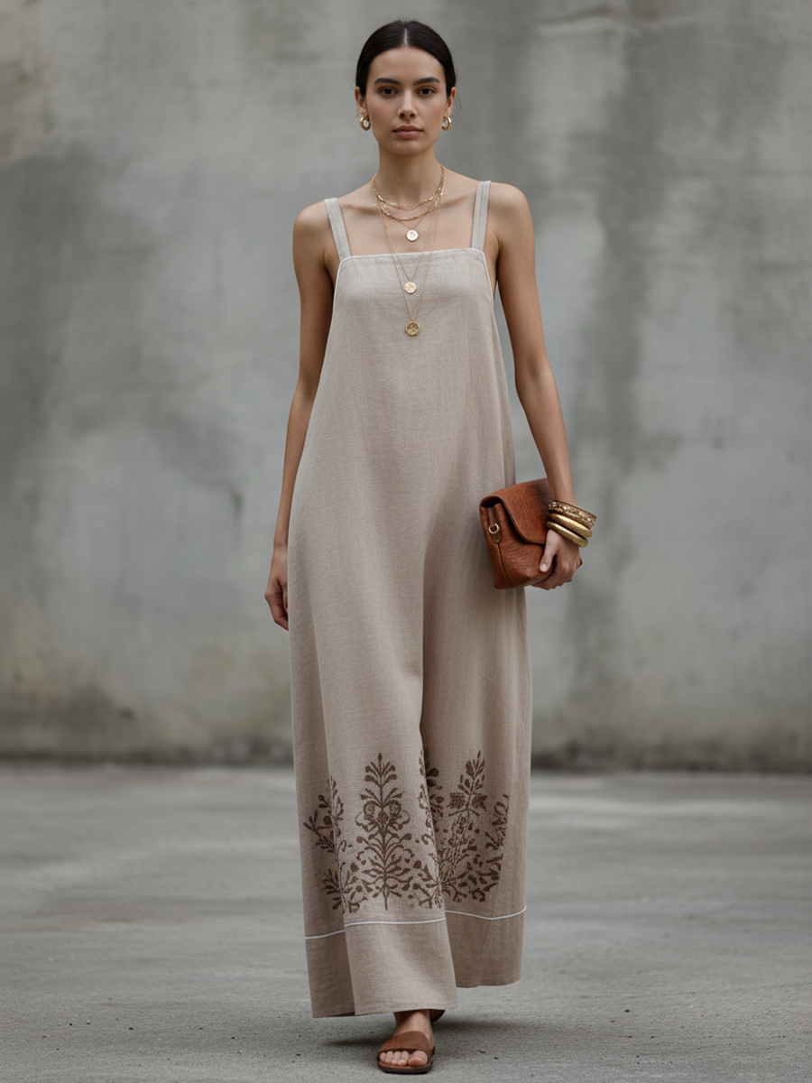Khaki Linen Spaghetti Strap Embroidered Long Dress