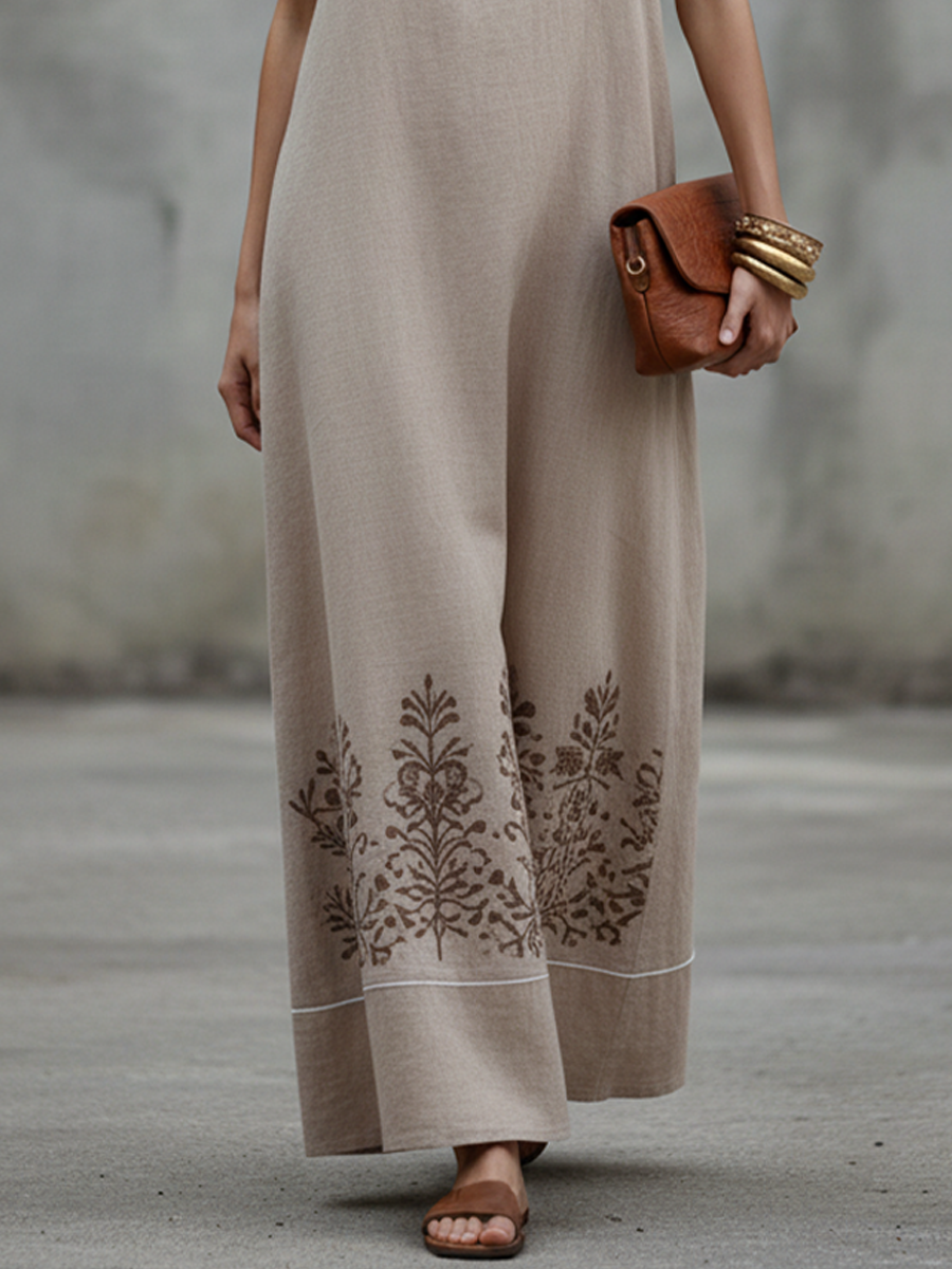 Khaki Linen Spaghetti Strap Embroidered Long Dress