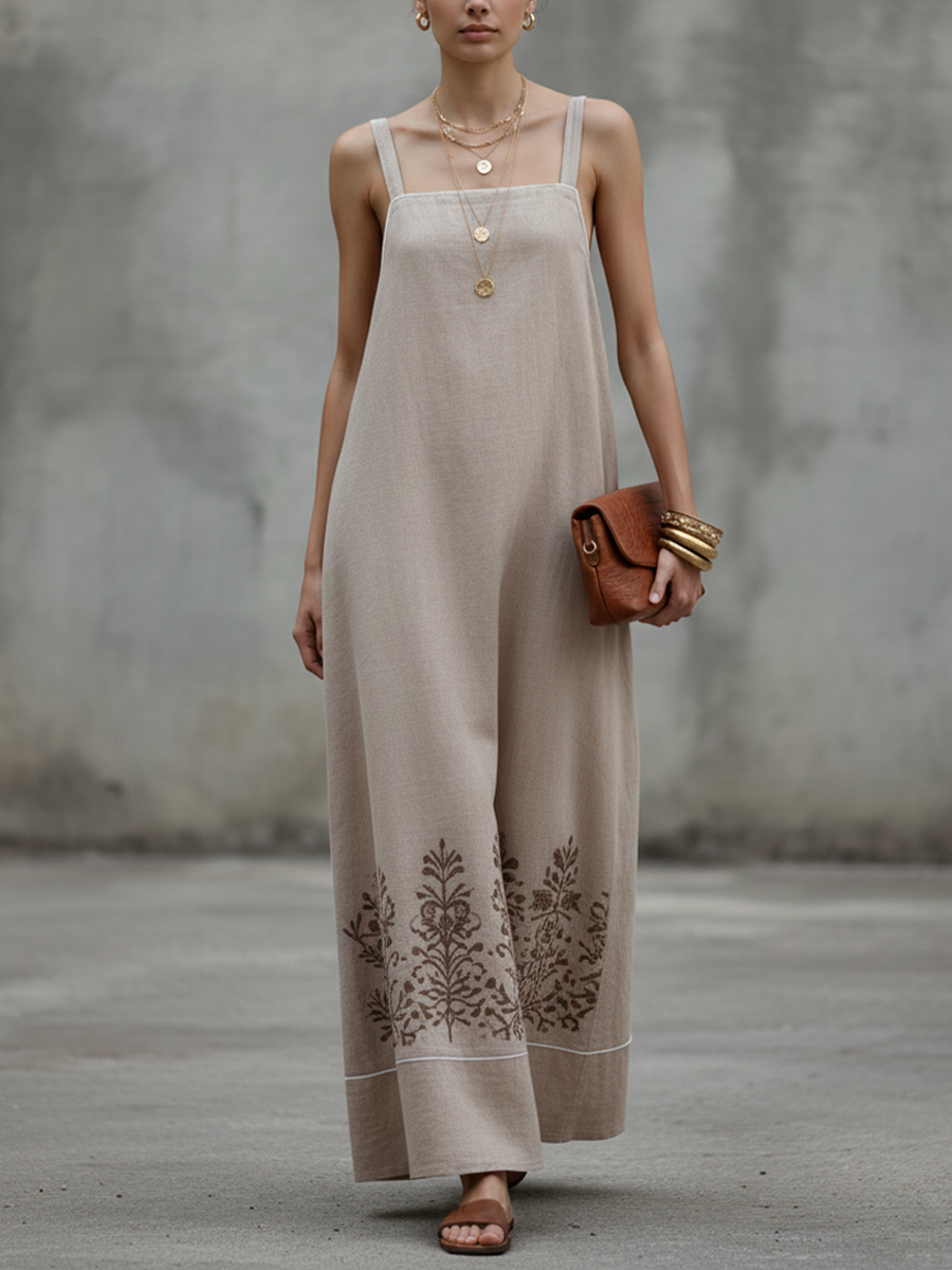 Khaki Linen Spaghetti Strap Embroidered Long Dress