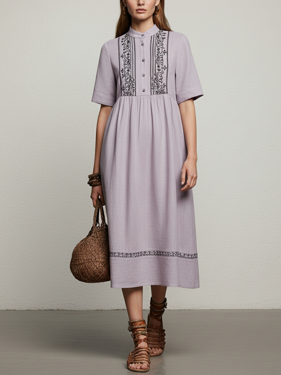 Light Purple Linen Embroidered Short-Sleeve Midi Dress