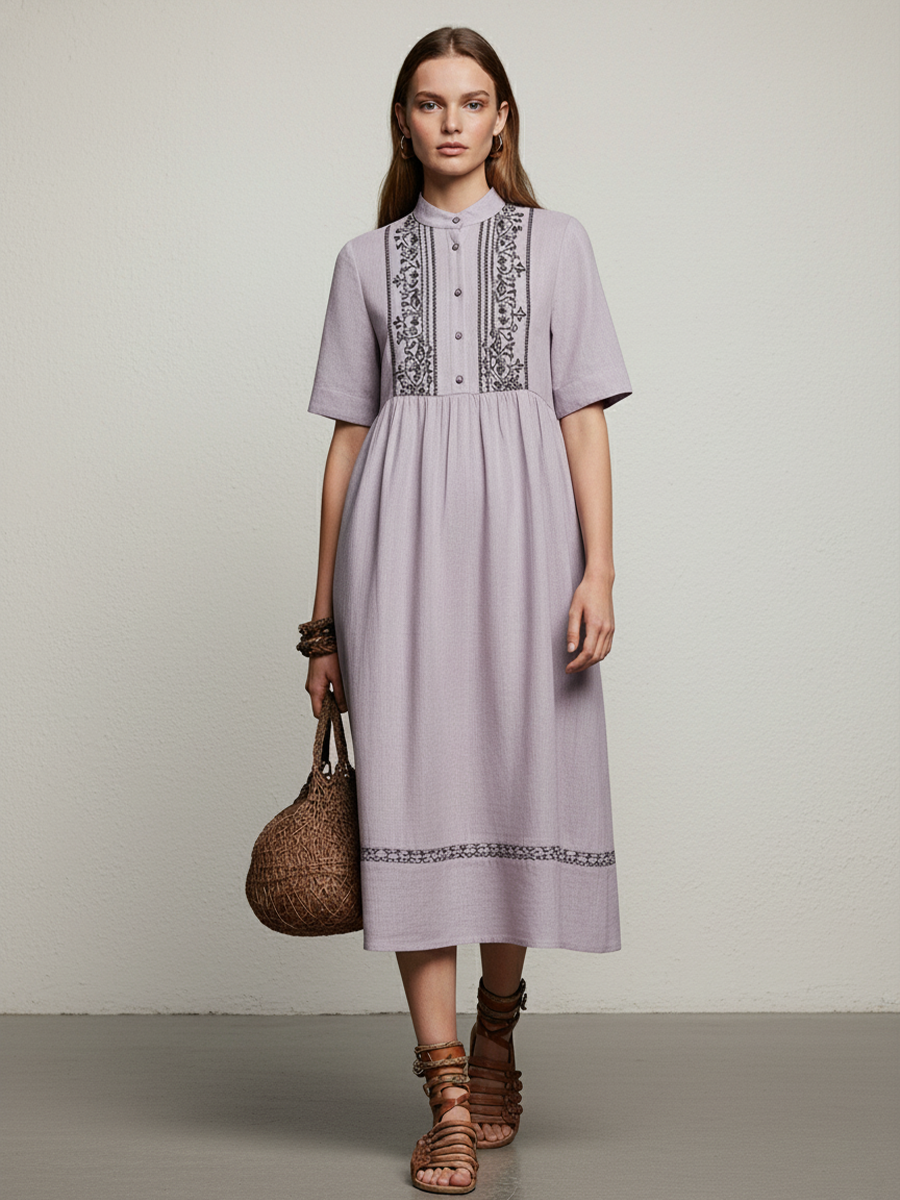 Light Purple Linen Embroidered Short-Sleeve Midi Dress