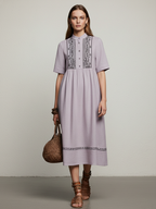 Light Purple Linen Embroidered Short-Sleeve Midi Dress