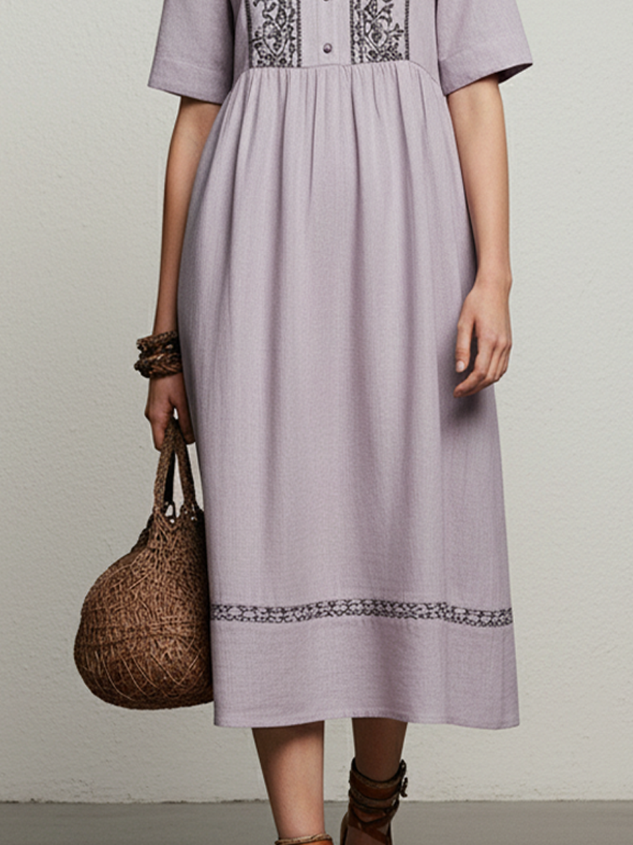 Light Purple Linen Embroidered Short-Sleeve Midi Dress