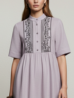 Light Purple Linen Embroidered Short-Sleeve Midi Dress