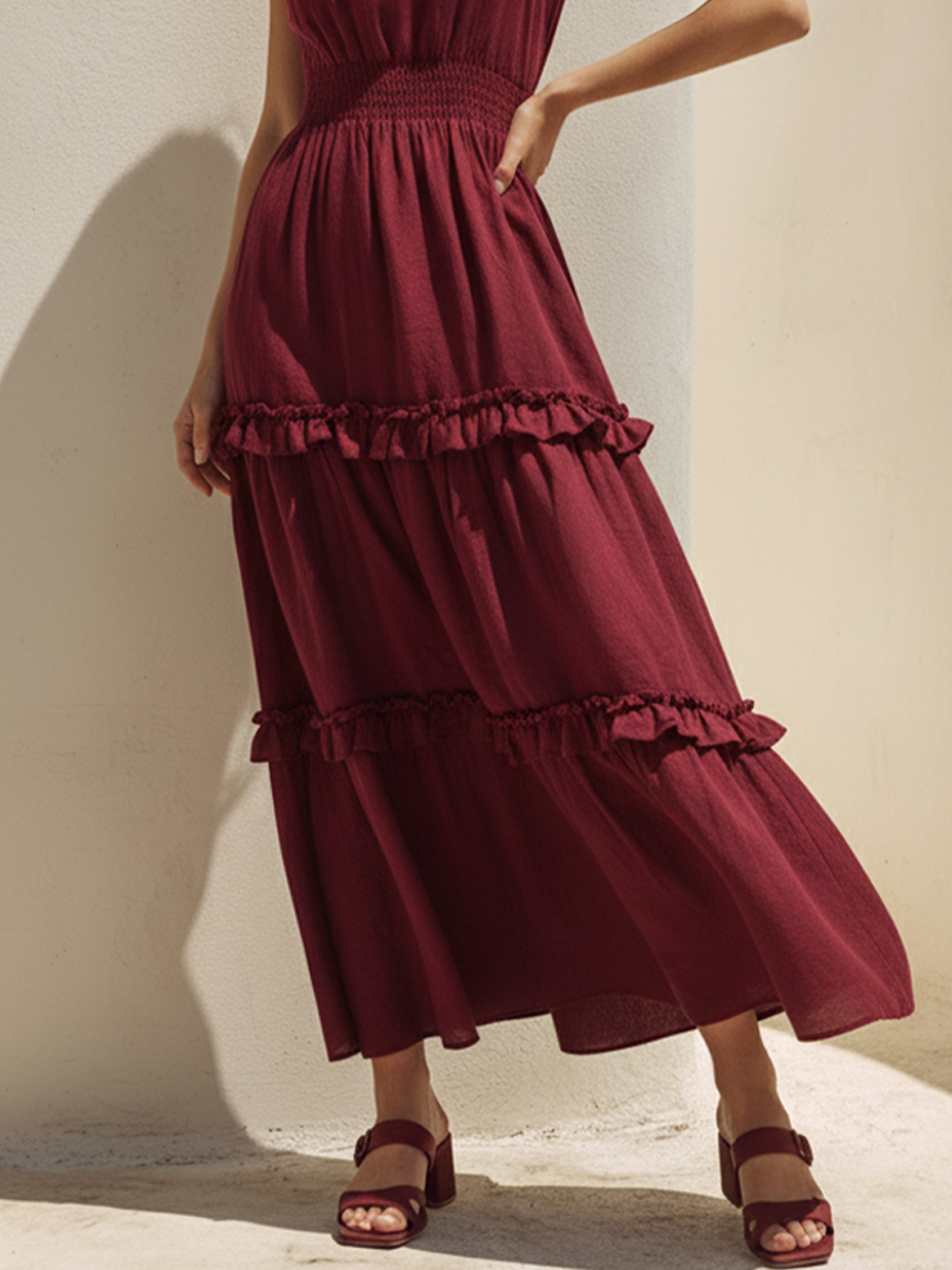 Red Linen Round-Neck Fitted Waist Ruffled Long Dress