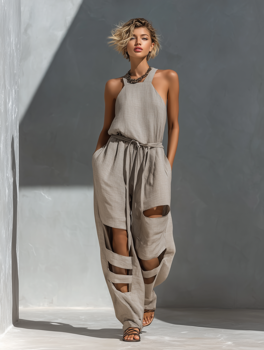 Grey Linen Halter Neck Cut-Out Wide-Leg Jumpsuit