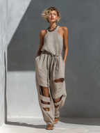 Grey Linen Halter Neck Cut-Out Wide-Leg Jumpsuit