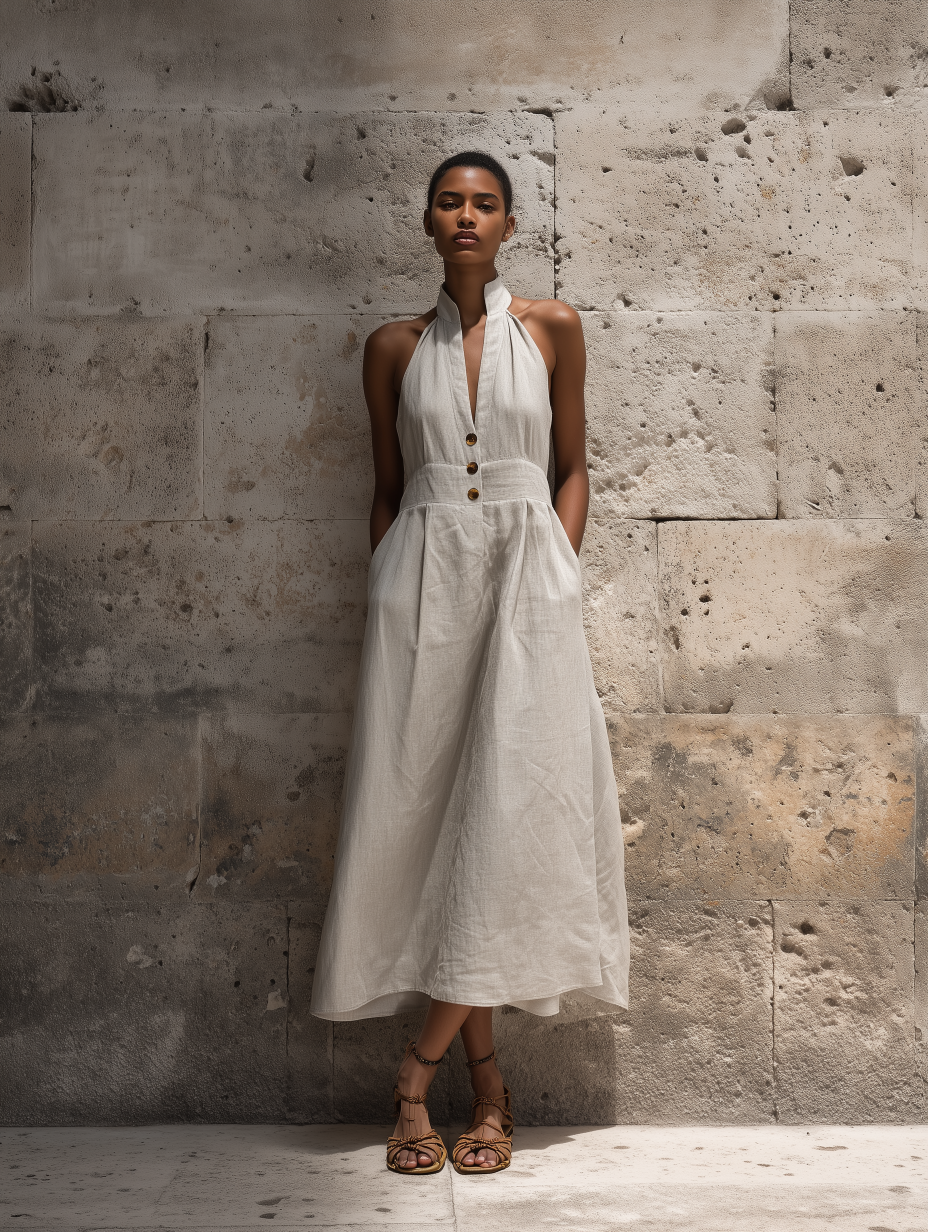 Women’s Boho Gray Linen-Blend Halter Neck Sleeveless Button-Down Flowy Midi Dress MDZ0955D2T