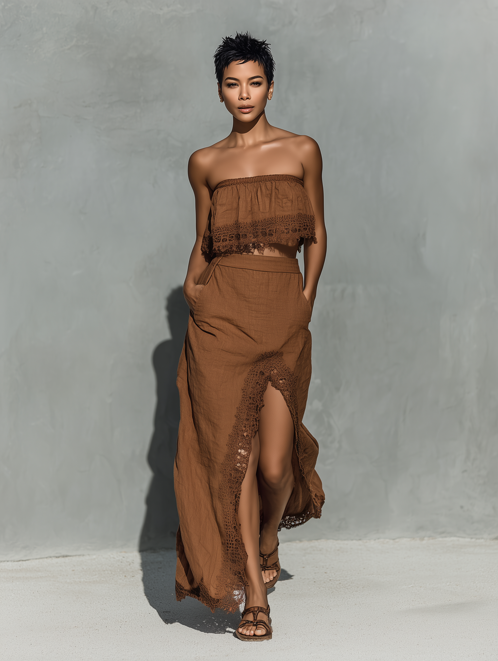 Women’s Chocolate Brown Linen-Blend Strapless Lace Trim Crop Top & High-Waisted Lace Trim Slit Maxi Skirt Two-Piece Set MDZ0951D9T