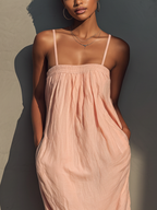 Women’s Blush Pink Linen-Blend Smocked Bust Spaghetti Strap Oversized Maxi Dress MDZ0910D1T