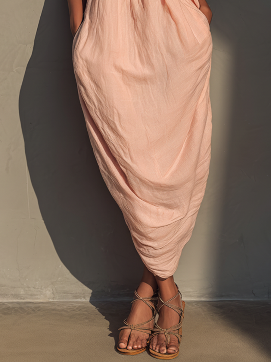 Women’s Blush Pink Linen-Blend Smocked Bust Spaghetti Strap Oversized Maxi Dress MDZ0910D1T