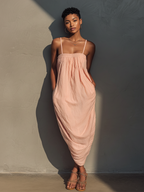 Women’s Blush Pink Linen-Blend Smocked Bust Spaghetti Strap Oversized Maxi Dress MDZ0910D1T
