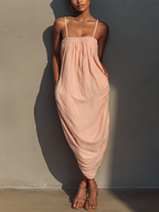Women’s Blush Pink Linen-Blend Smocked Bust Spaghetti Strap Oversized Maxi Dress MDZ0910D1T