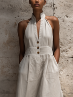 Women’s Boho Gray Linen-Blend Halter Neck Sleeveless Button-Down Flowy Midi Dress MDZ0955D2T