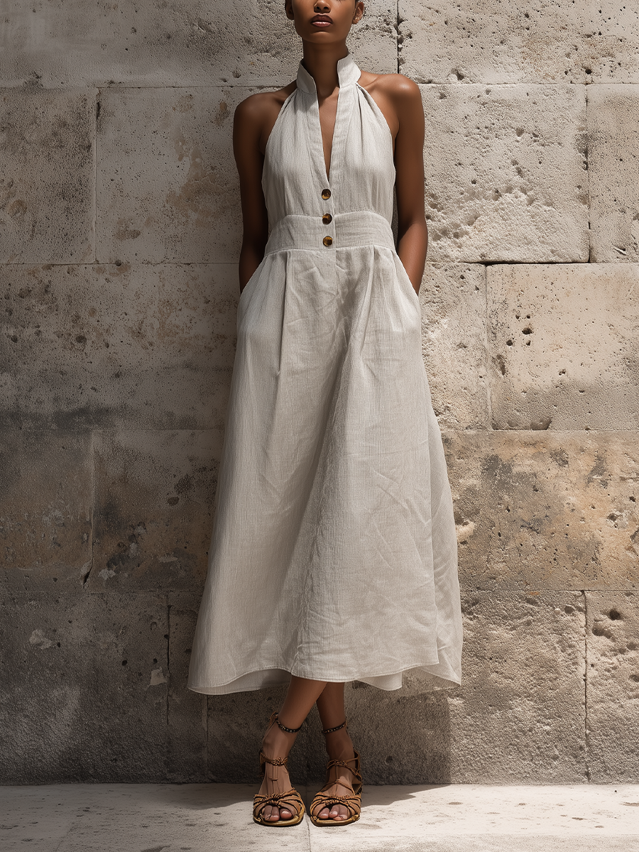 Women’s Boho Gray Linen-Blend Halter Neck Sleeveless Button-Down Flowy Midi Dress MDZ0955D2T