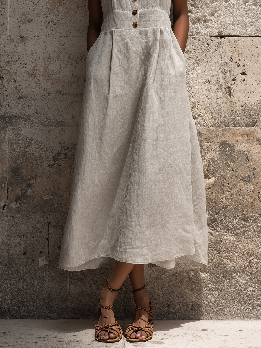 Women’s Boho Gray Linen-Blend Halter Neck Sleeveless Button-Down Flowy Midi Dress MDZ0955D2T